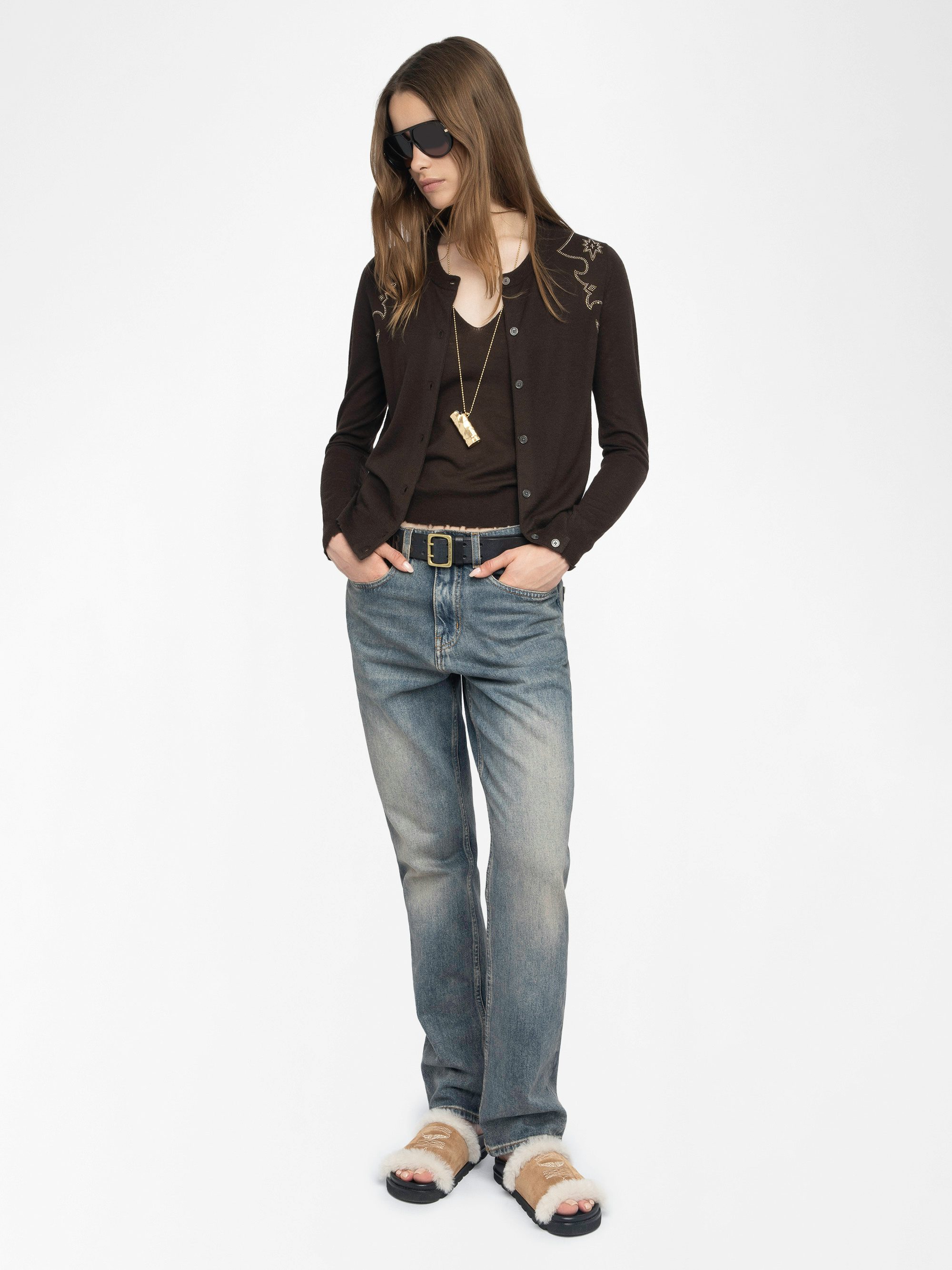 Missya Cardigan 100% Cashmere - Round neck buttoned cardigan with applied rhinestones.